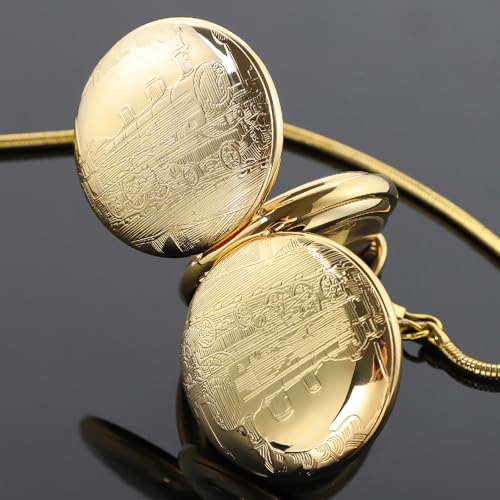 Image of Copper Pocket Watch Train Railroad Steampunk Mechanical London Hand Wind Double Case Mens Watches with Chains & Boxs Christmas Graduation Birthday Gifts Fathers Day(Gold)