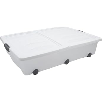 Under-Bed Storage Chest with Wheels   40 or 60 Litre   Color White With two-part lid universal storage box underbed box toy box with hinged closure