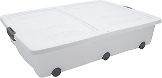 XXL Unterbettkommode mit Klappverschluss 80 x 60 x 17 cm - 60 Liter - Aufbewahrungs-Rollbox mit zweigeteiltem Deckel in weiß - Universal Aufbewahrungsbox Unterbett Box Spielzeugkiste mit Rollen