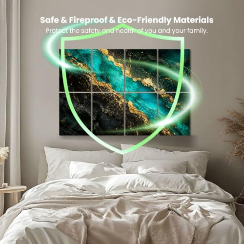 Kanworse Paneles Acústicos Decorativos de 8 Piezas 48"x32" Fibra de Poliéster Negro Mármol Abstracto Verde Malaquita Venas Doradas Estilo Kintsugi Japonés miniatura 4