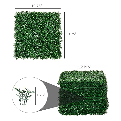 Outsunny 12 Pcs 20" X 20" Artificial Boxwood Panels Topiary Wall Greenery Backdrop, Privacy Hedge Screen Uv Protected 4Layer Roll Grass Panel Fence Decor Outdoor Indoor Garden Backyard, Dark Green #TOP2