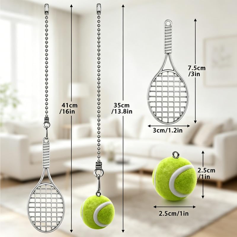 Image of 2pcs Ceiling Fan Pull Chain Ornament, 12 inch Ball Chain Tennis and Racket set Fan Light Pulls for Kid Room Decorative Extension,Sliver Chain