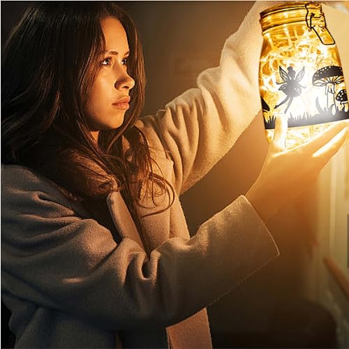 CREATCABIN 6 Stück Feen-Silhouetten,Einmachglas-Dekoration,Engelslaterne,Laserausschnitte,Ornamente,Pilzzweig,Sammelalbum Für Milchglas,Wand,Fenster,Basteln,Weihnachten,Schwarz,20x9cm(Ohne Aufkleber)