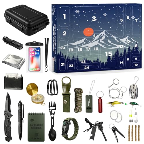 Survival Kit Advent Calendar 2025 for Adult Men Teen Boys - 24 Days Fun Christmas Countdown Outdoor Gadget for Hunting Camping Fishing, Xmas Cool Unique Adventure Gift for Teenager Husband Dad