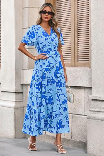 Image of MASCOMODA Women Boho Swiss Dot Maxi Dresses Wrap V Neck Flutter Short Sleeve Solid Tie Waist A Line Tiered Flowy Long Dresses