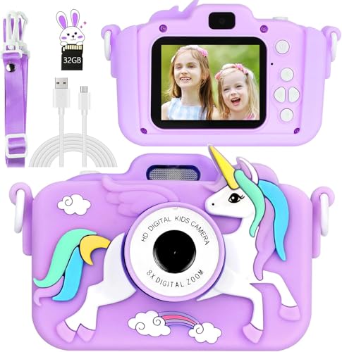 Unicorn Camera for Kids - Toddler Digital Selfie Camera with Silicone Cover, Flash and 32GB SD Card - Children Toy HD Video Kids Camera for Girls and Boys 3-12 Years - Purple