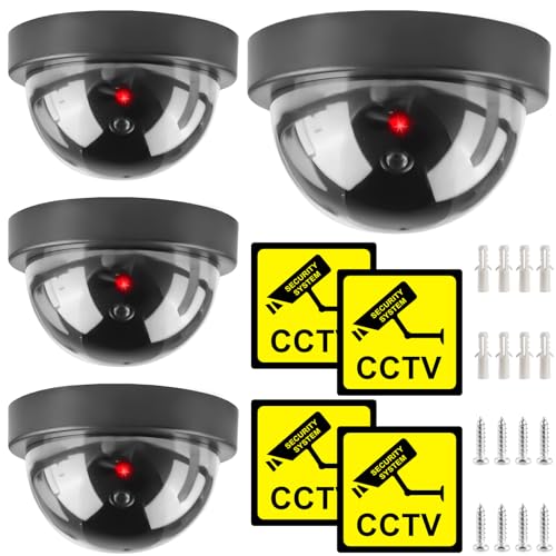 Cámara falsa: 4 unidades de cámara de vigilancia falsa CCTV con luz LED intermitente, cámara de seguridad, cámara de vigilancia falsa, cámara de seguridad falsa, cámara de cúpula falsa para interiores
