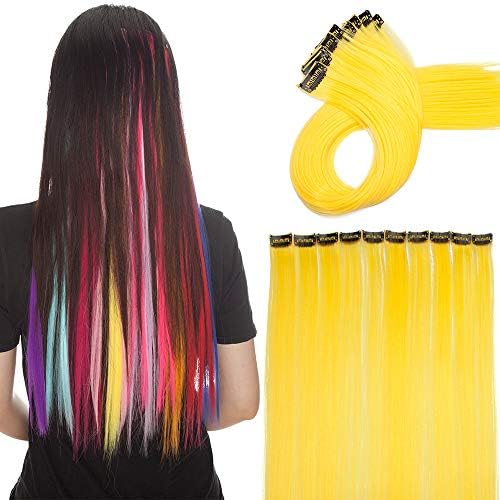 10Pcs 20" Rainbow Color Straight Hair Extensions Clip in Multi-Color Synthetic Coloured Clip on Hair Extension Party Highlights Hairpiece #Black& Dark Green