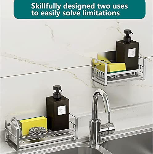 Image of Xacton Sink Caddy Organizer Kitchen Sponge Holder I 304 Stainless Steel Soap Dispenser Brush Drainer Rack I Countertop or Adhesive Organiser for Dishes Knives Spoons Forks ((Silver)