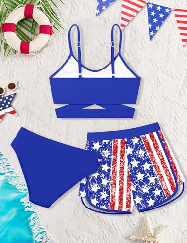 Image of Girls Swimsuit 3 Piece Bathing Suit Criss Cross Bikini Set Girls' Swimwear with Shorts 7-16T