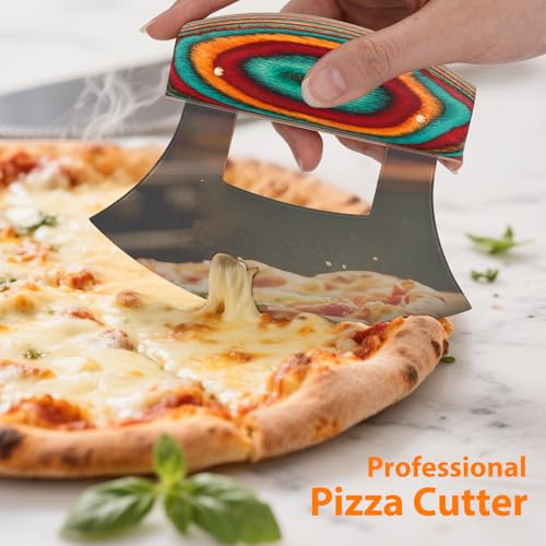 Pizza Cutter Rocker Knife, Sharp Ulu Knife with Wooden handle, Stainless Steel Blade Mincing Knives with Colored Wood Stand - image 7