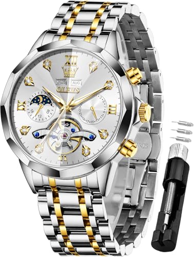 Image of OLEVS Men Automatic Watch Diamond Skeleton Mechanical Luxury Self Winding Moon Phase Calendar Waterproof Wrist Watch for Men