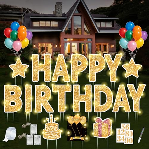 18 Pcs Happy Birthday Yard Sign with Stakes Gold Happy Birthday Yard Sign with 49.2 Ft LED Light 16 In Large Personalized Happy Birthday Sign Waterproof Lawn Garden Birthday Party Decorations
