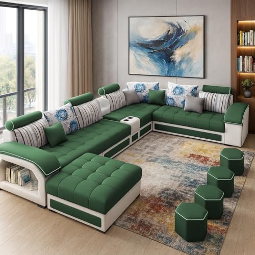 Image of Casaliving Yamir Modern U-Shaped Sectional Sofa Set with Storage, 9 Seater, Sofa Couch with 4 Puffy for Hall Guest Room (Green & Grey) Premium Fabric Sofa Set