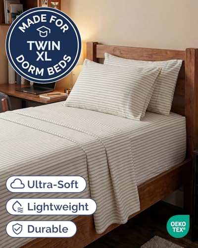 Image of Extra Deep Twin XL Sheet Set - 4 Piece Breathable & Cooling - Beige Stripes | Hotel Luxury Bed Sheets Set, Easy & Secure Fit, Ultra-Soft, Wrinkle & Fade Free, Comfy Sheets Set with Extra Deep Pockets
