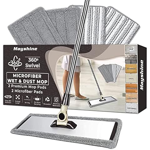 MAYSHINE 18" 360 Spin Microfiber Mop System w/ 2 Premium and 2 Standard Microfiber Pads | Use on Hardwood, Tile, Laminate, Vinyl Wet or Dry | Flat Dust Mop with 67" Extendable Steel Handle Cover