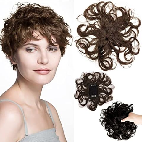 ICRAB 7" Short Curly Human Hair Toppers for Women Light Brown,2.76x3.94 Small Area Clip Top in Hair Pieces Natural Wavy Short Hair Topper Wiglets Hairpiece for Slight Thinning Hair Cover