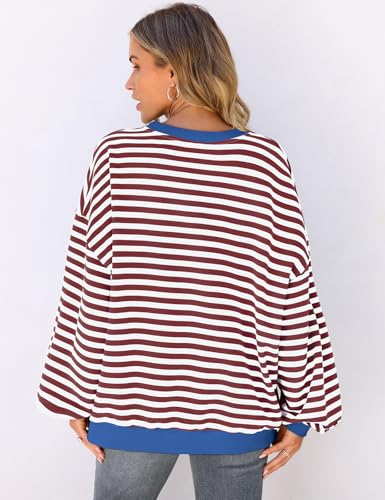 UEU Women Oversized Sweatshirt Striped Color Block Sweatshirts Loose Fit Crew Neck Long Sleeve Pullover Top Coffee Striped X-Large