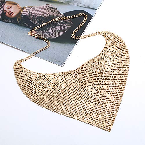 Colorful Bling Thick Metal Sequins Tassel Choker Necklace Chunky Fringe Pyramid Bib Stetement Necklace Sequins Collar For Women Girls Costume Jewelry-A Gold #TOP2