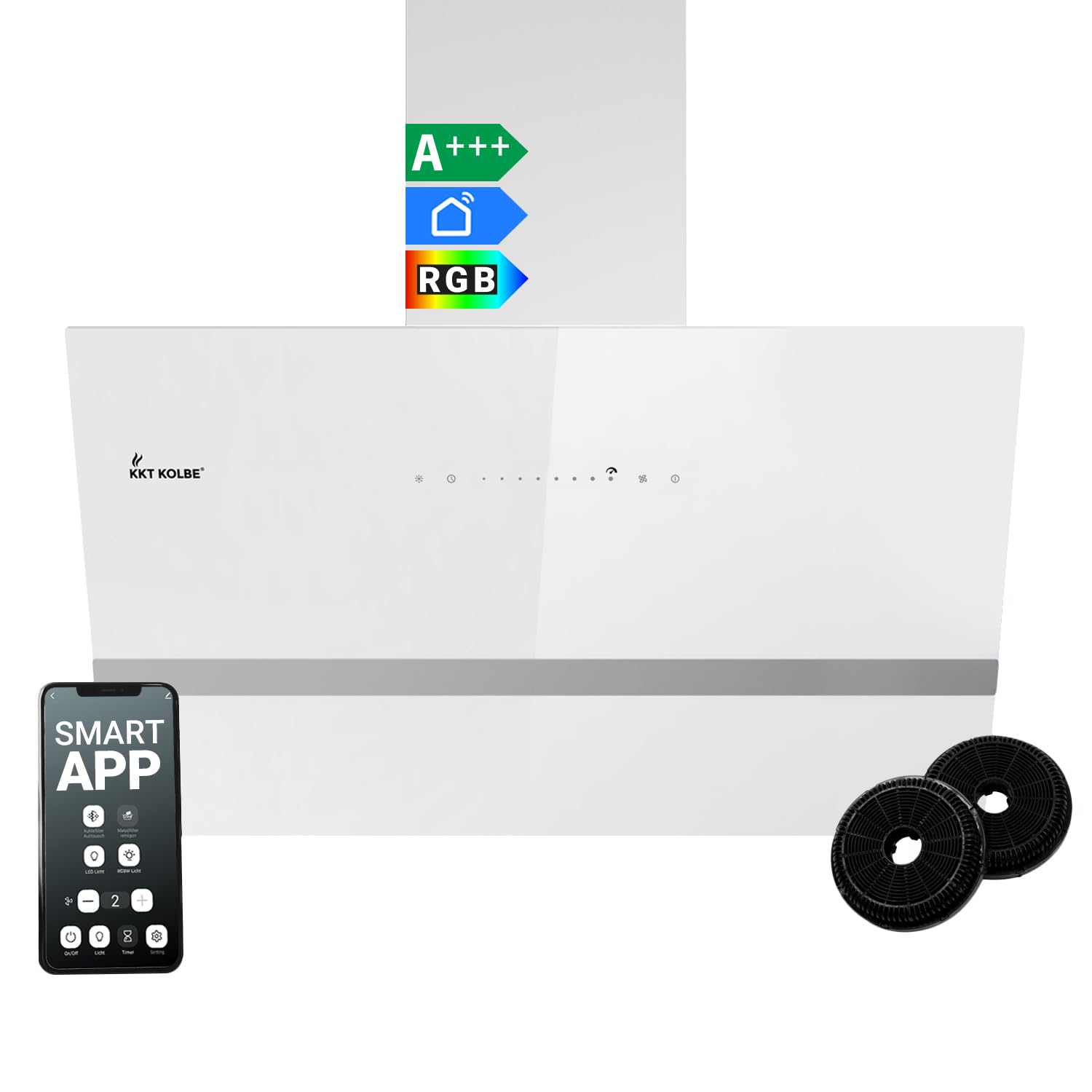 KKT KOLBE campana extractora 80 cm | 782 m³/h de drenaje y circulación | sin cabeza | montado en la pared | vidrio blanco | aplicación WiFi inteligente WLAN | Iluminación LED RGBW | EASY8005WM