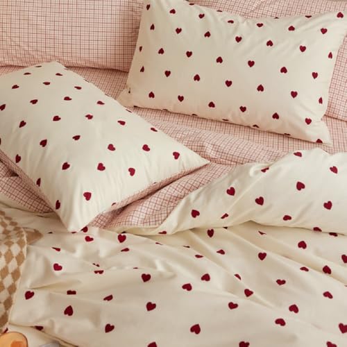 Lanqinglv Bettwäsche 135x200 cm Rot Weiß Herzen Kariert Wende Bettwäsche für Allergiker,Aesthetic Bettwäsche Set ÖKO-TEX Bettbezug mit Reißverschluss und 1 Kissenbezug 80x80 cm