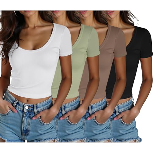 4 Pack Women Scoop Neck Short Sleeve T Shirts Cotton Basic Crop Tops Slim Fitted Gym Sports Shirts for Women