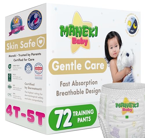 Image of Maneki Baby Hypoallergenic Potty Training Pants 4T-5T, 72 Count (35-44 lbs), Pull-On Diaper Pants & Training Underwear, Soft, Unscented & High Absorbency for Overnight & Daily Use (Pack May Vary)