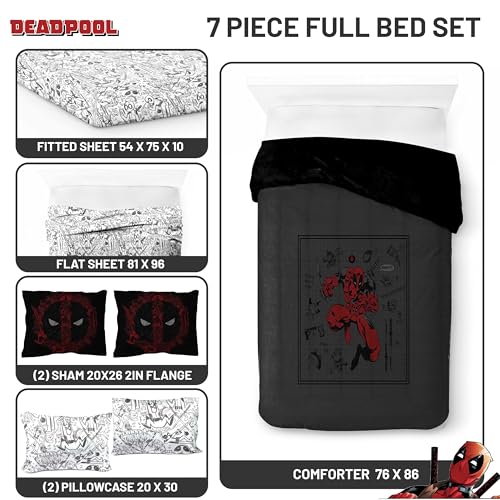 Image of Marvel Deadpool Full Comforter Set 7 Piece Soft Bedding for Boys, Gray | Bed in a Bag, Comforter Sheets Shams Pillowcases, Official Product, Soft Microfiber, Machine Washable, Boys Gift