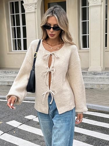 ZAFUL Women's Tie Front Cardigan Sweater Knotted Long Sleeve Knitwear Frenchy Oversized Cardigan2