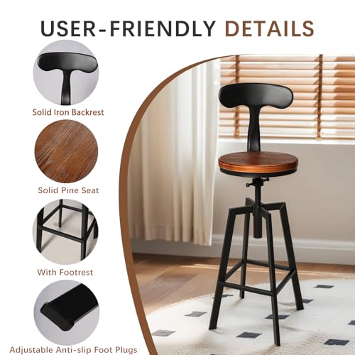 Set de 2 Butacos Industriales con Respaldo Giratorio Asiento de Madera Altura Ajustable 25-32 pulgadas miniatura 4