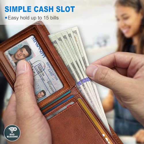 Image of miyozi AirTag Wallet for Men, Slim Leather Bifold with Holder Slot, 2 ID Windows & 13 Card Slots, RFID Blocking Front Pocket Wallet with Gift Box