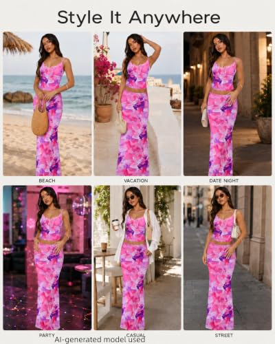 Image of Two Piece Skirt Set Women Maxi Long Skirt and Top Outfit | Soft stretchy 5 pc, slim bodycon, adjustable spaghetti straps, ruched crop tank, elastic waist, going out, beach vacation