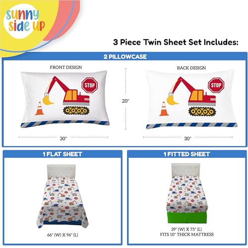 Image of Sunny Side Up Construction Zone Twin Sheet Set - 3 Piece Kids Bedding Set Includes Pillow Cover - Super Soft Trucks Microfiber Sheets