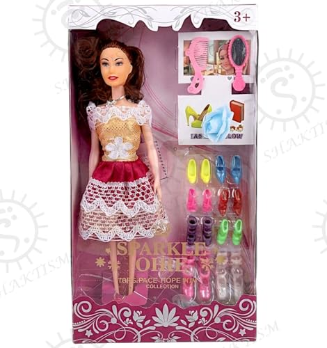 Image of SHAKTISM Doll Set for Girls with Makeup, Dress, Accessories, Comb and Mirror, Sandle Set Multicolor, 3 Years and Up (Sparkle Girl Doll)