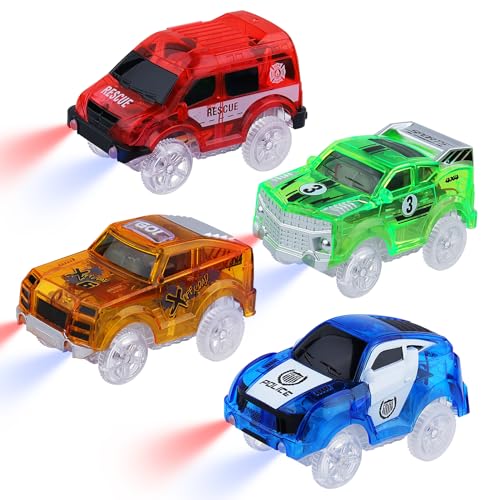 Tracks Cars Magic Light Up Track Cars Toy Glow in The Dark for 3 4 5 6 7 8 Kids Boy Girl, Race Cars with 5 LED Flashing Light Battery Operated Vehicle Compatible w/Most Tracks (4Pcs)