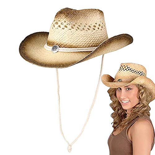 The Dreidel Company Cowboy Straw Hat, Western Vented Tea Stained Straw Cowboy Hat, 22