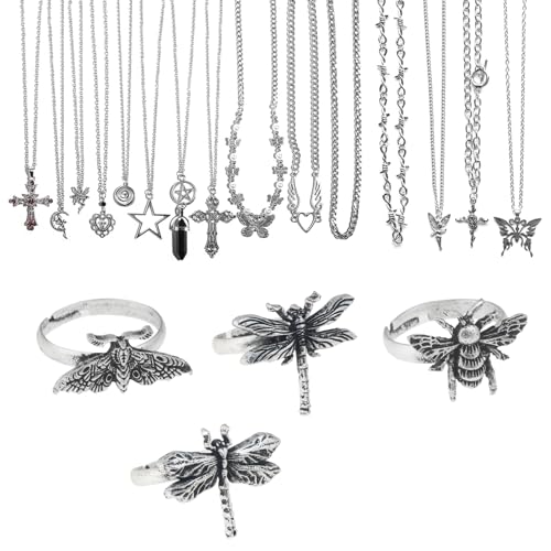 GuoShuang 19pcs Silver y2k necklace for women goth fairy grunge necklace alt cute y2k choker cross bufferfly heart angle jewelry set rings indie fairy grunge accessories