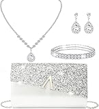 YYW 4 Pieces Women Evening Handbags Clutch Purses Shoulder Bag with Rhinestone Jewelry Set for Party Wedding (Silver)