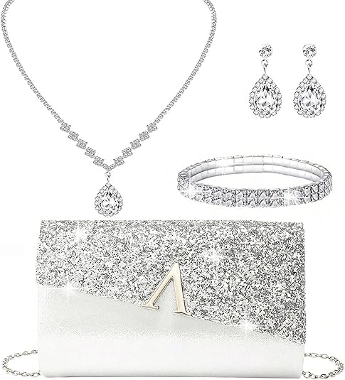 YYW 4 Pieces Women Evening Handbags Clutch Purses Shoulder Bag with Rhinestone Jewelry Set for Party Wedding (Silver) by YYW - Used condition - US$14.39
