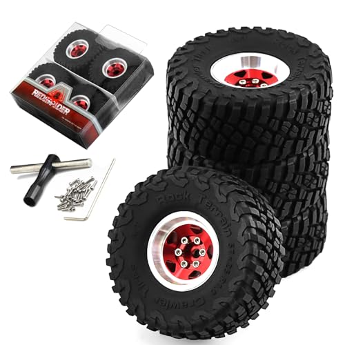 REDSPIDER 1.0 Beadlock Wheels and Tires?4pcs?? 1.0 Crawler Tires for 1?24 1:18 RC Scale Rock Crawler Car SCX24 FMS FCX24 TRX4M Axial AX24 90081 Gladiator Bronco C10 ? (Red)