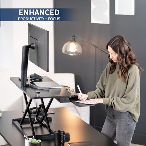 Image of VIVO 42 inch Desk Converter, K Series, Height Adjustable Sit to Stand Riser, Dual Monitor and Laptop Workstation with Wide Keyboard Tray, Black Carbon Fiber Top, Black Frame, DESK-V042KR