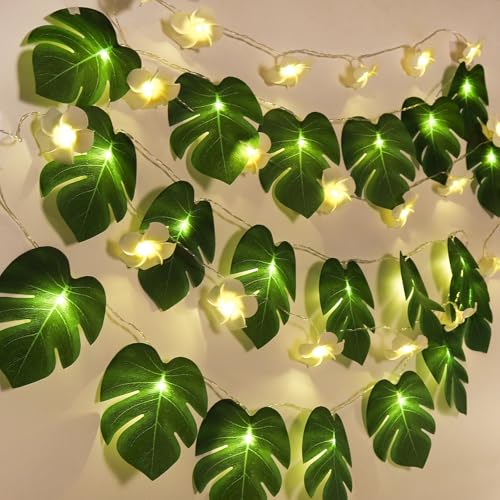 RECUTMS Monstera Leaf String Lights Artificial Foam Plumeria Tropical Palm Leaves Flower 40 LED...