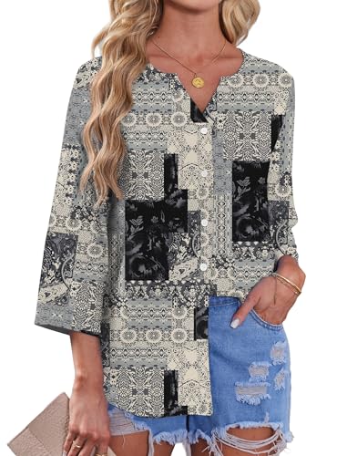 Image of OFEEFAN Button Down Shirts for Women 3 /4 Length Sleeve Tops V Neck Blouses Business Casual Outfits Loose Fit