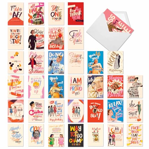 NobleWorks Mega O+D - 36 tarjetas de felicitación en caja con sobres (4,63 x 6,75 pulgadas), diseño de ofensivos y encantadores diseños AC9135XXG-B1x36