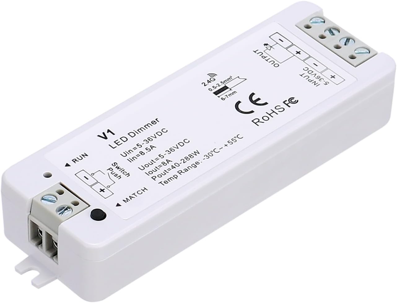 JOYLIT DC 5-36V 8A LED Dimmer Controller for Single Color LED Strip Lights, Pair-able PWM Dimming Control Receiver Compatible with V1 and RT6 RF Remote (Without Remote)