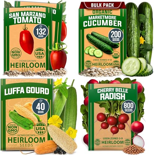 Seed Variety Pack for Edible Garden – Luffa, San Marzano Tomato, Marketmore Cucumber & Cherry Belle Radish – 𝗡𝗢𝗡-𝗚𝗠𝗢 Heirloom 𝗨𝗦𝗔 Vegetable Seeds for Planting Outdoors