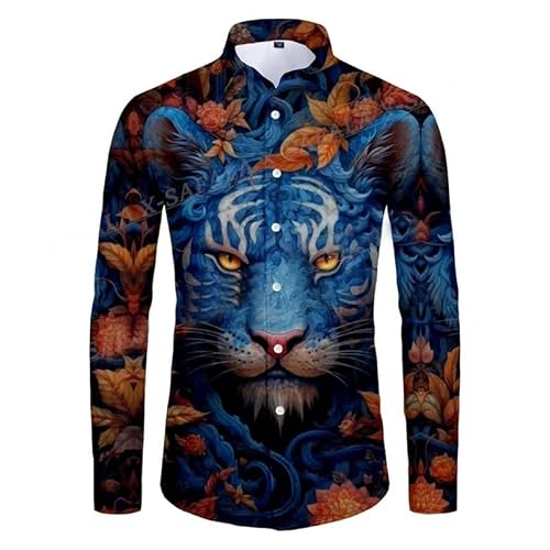 Famesale Men's # 1 Casual Shirt White Tiger Print Long Sleeve Shirts Fashion 3D Vintage Chinese Style Dragon Pattern T Shirt Regular Button Business Blouse Top