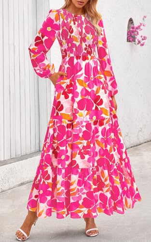 Image of PRETTYGARDEN Women's Fall Dresses 2026 Long Sleeve Flowy Casual Floral Maxi Dress Crew Neck Smocked Tiered Long Dress