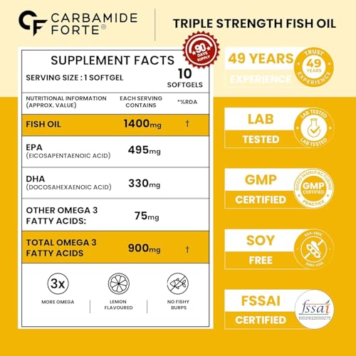 Image of Carbamide Forte Triple Strength Omega 3 Fish Oil Capsules 1400mg | Omega 3 Supplement | Omega3 Fatty Acid Supplement To Support Heart, Joints & Skin - 1400mg | 10 Softgel Capsules