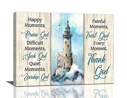 Nautical Lighthouse Wall Art Ligthouse Coastal Pictures Wall Decor Happy Moments Praise God Christian Quotes Canvas Prints Modern Artwork Home Decoration for Bathroom Bedroom Living Room 16"x12"